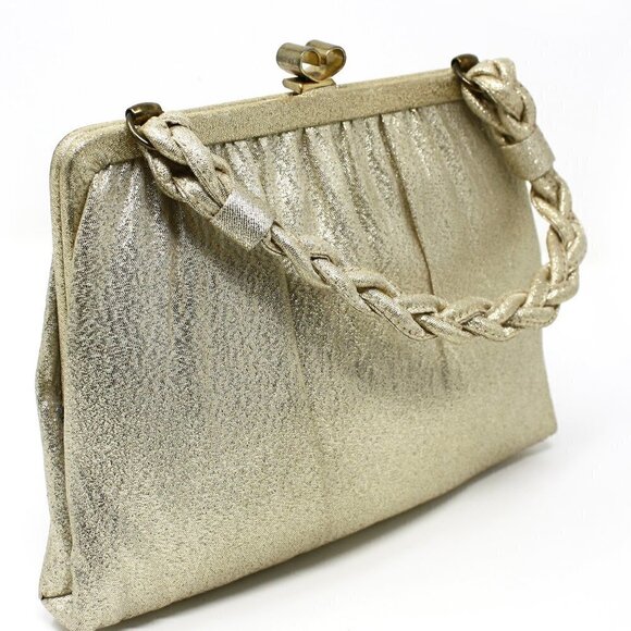 Vintage Gold Evening Purse - Braided Handle - Cocktail, Party, Wedding - Picture 2 of 6